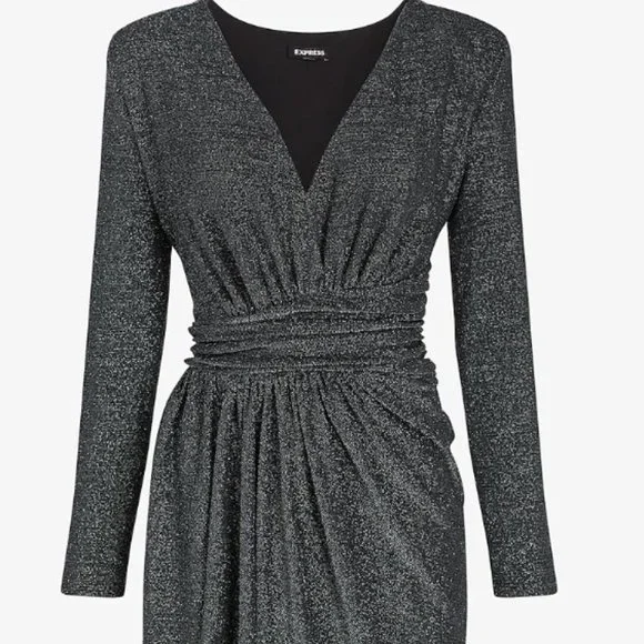 express metallic dress Metallic Ruched Off The Shoulder Mini Dress